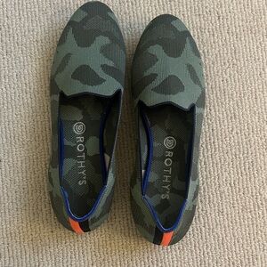 Rothy's Green Camo Slip-On Flats with Blue Trim and Orange Heel Tab
